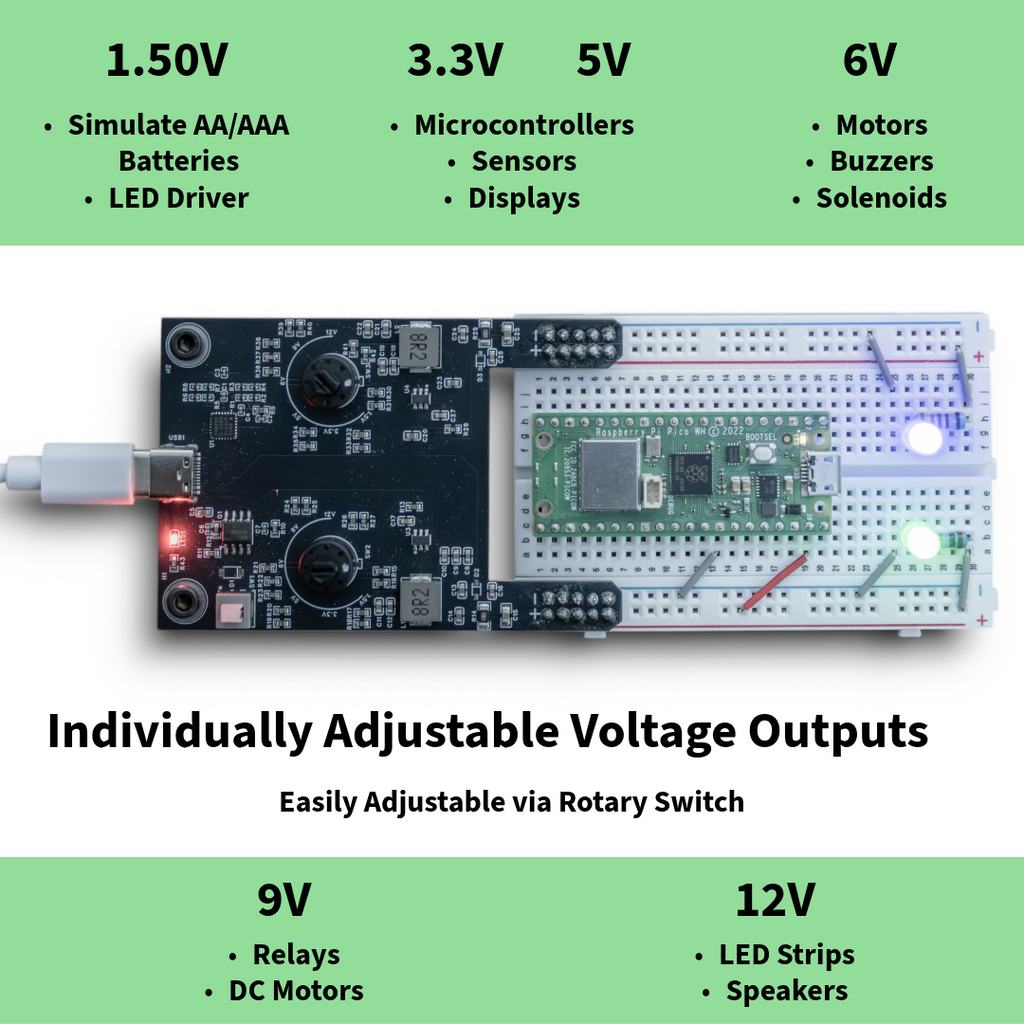 Bintronics USB-C Adjustable 12V/9V/6V/5V/3.3V/1.5V 2A Total Output Breadboard Power Supply USB-C PD Compatable with Raspberry Pi, Pico W, ESP32