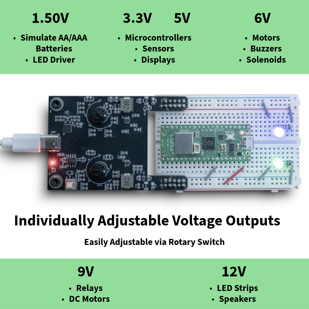 Bintronics USB-C Adjustable 12V/9V/6V/5V/3.3V/1.5V 2A Total Output Breadboard Power Supply USB-C PD Compatable with Raspberry Pi, Pico W, ESP32